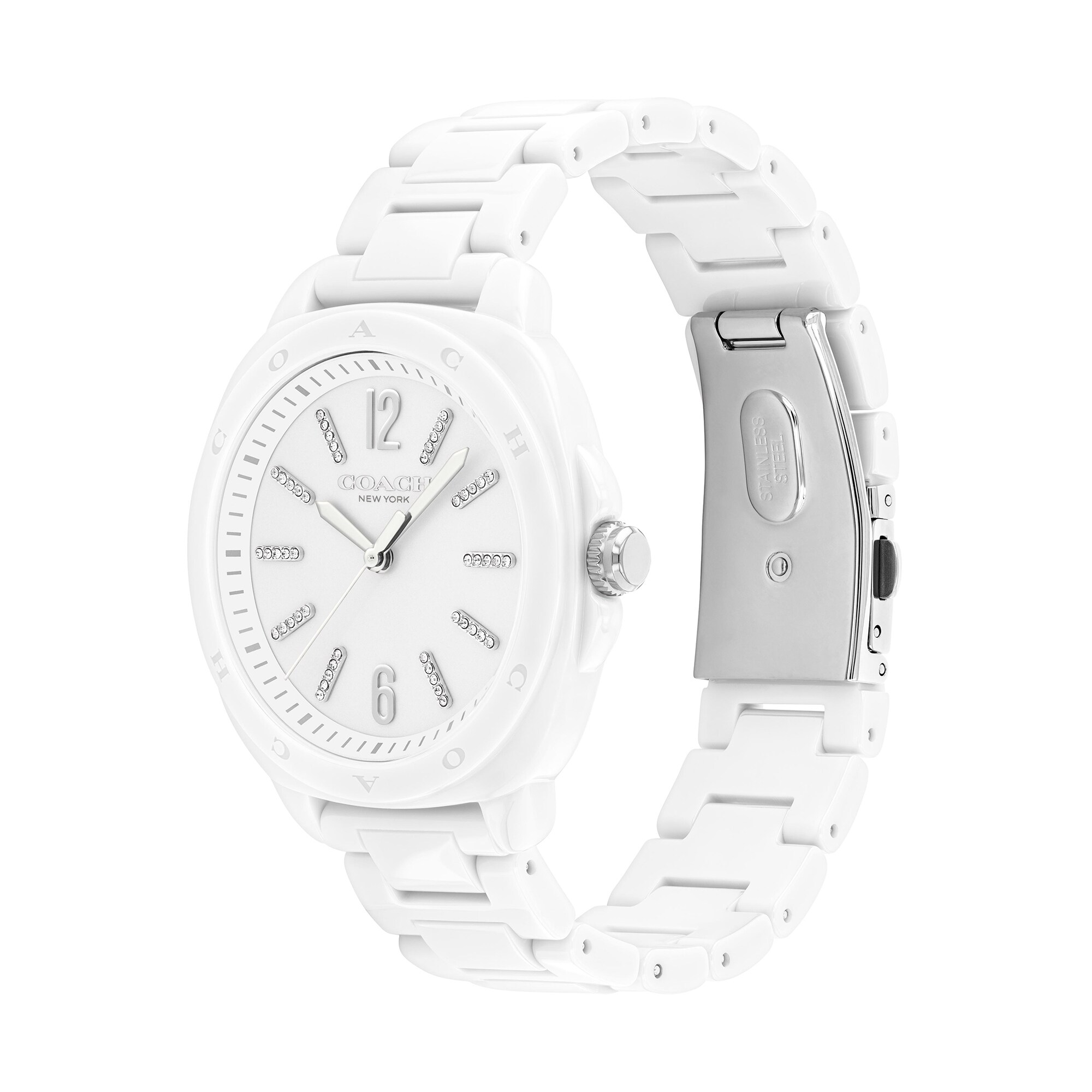 Ladies' Coach Kitt Crystal Accent White Ceramic Watch with White