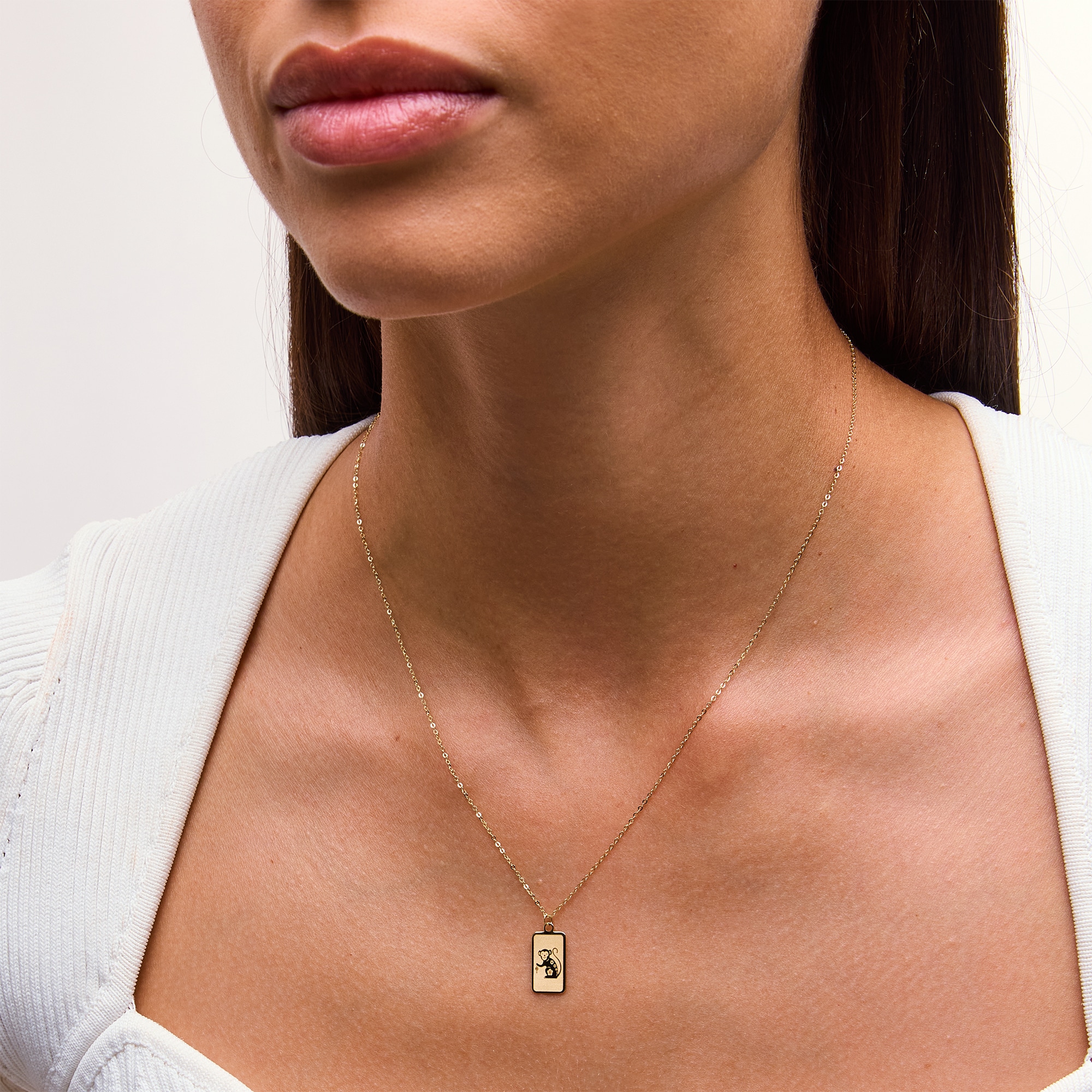 Monkey Chinese Zodiac Rectangle Tag Pendant in Solid 14K Gold