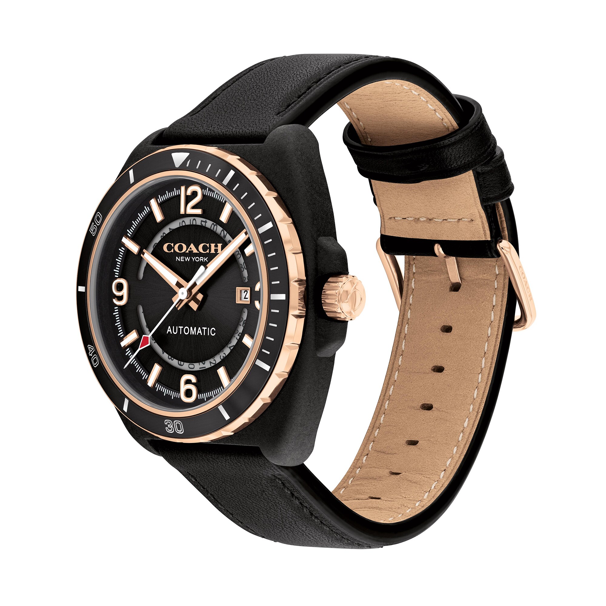 Men's Coach Charter Black IP Leather Strap Automatic Watch with