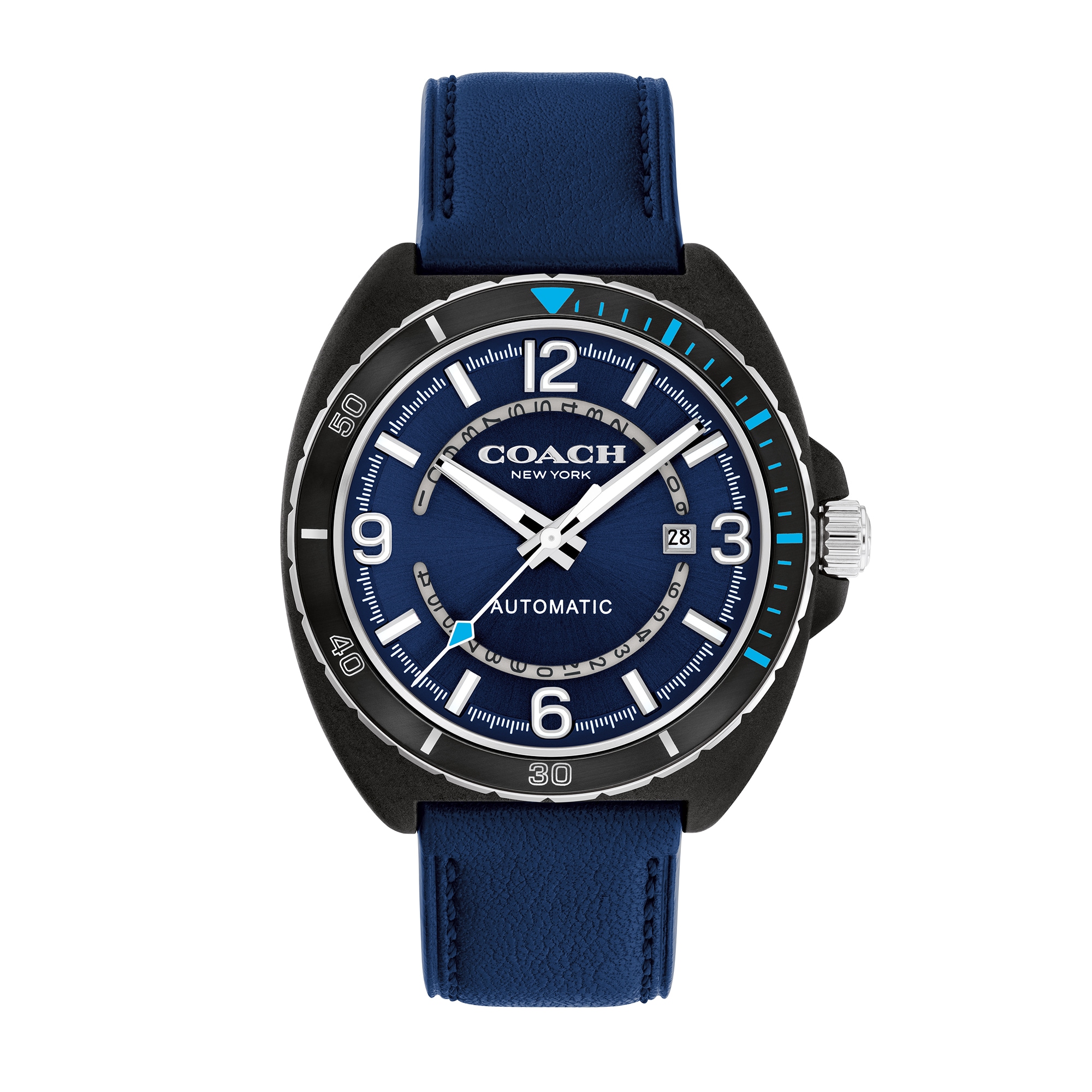 Men's Coach Charter Black IP Blue Leather Strap Automatic Watch