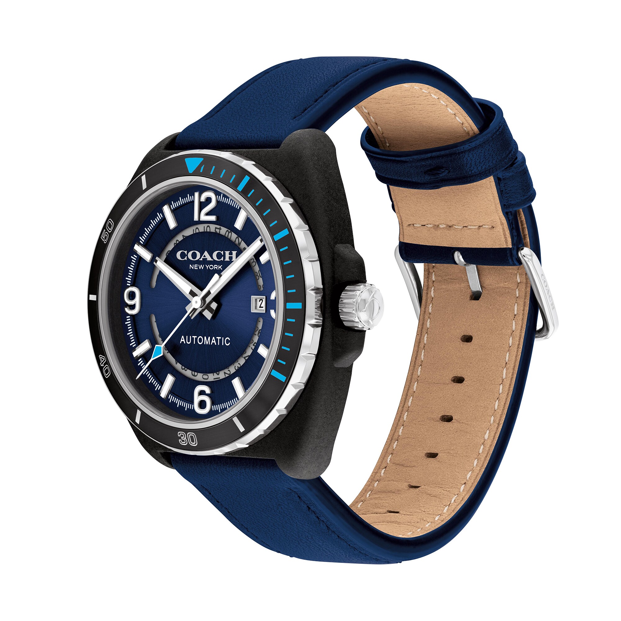 Men's Coach Charter Black IP Blue Leather Strap Automatic Watch