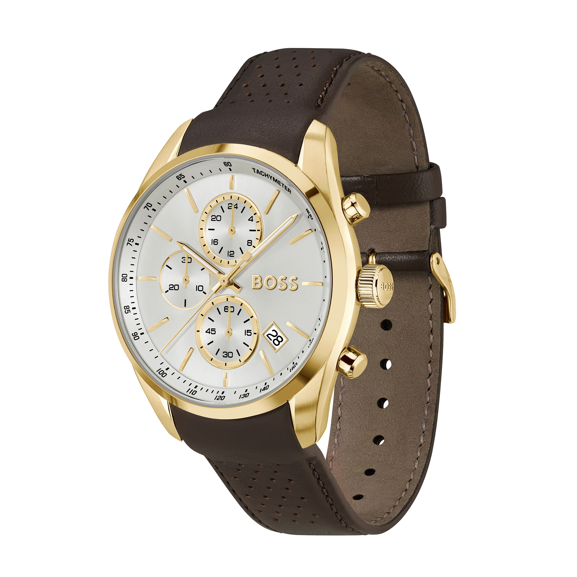 Men's Hugo Boss Grand Prix 44 Gold-Tone Brown Leather Strap