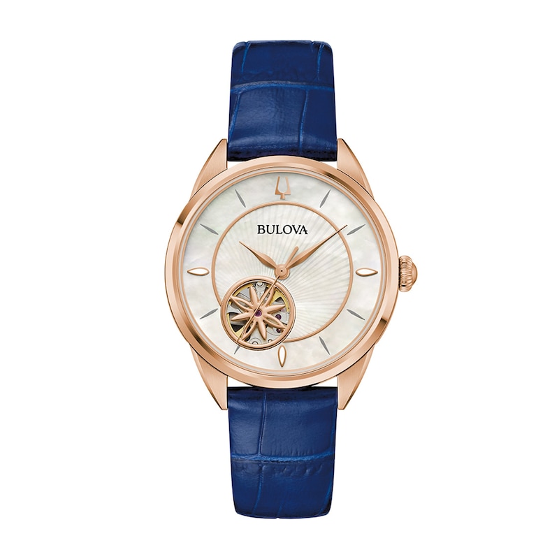 Ladies' Bulova Sutton Rose-Tone IP Blue Leather Strap Automatic