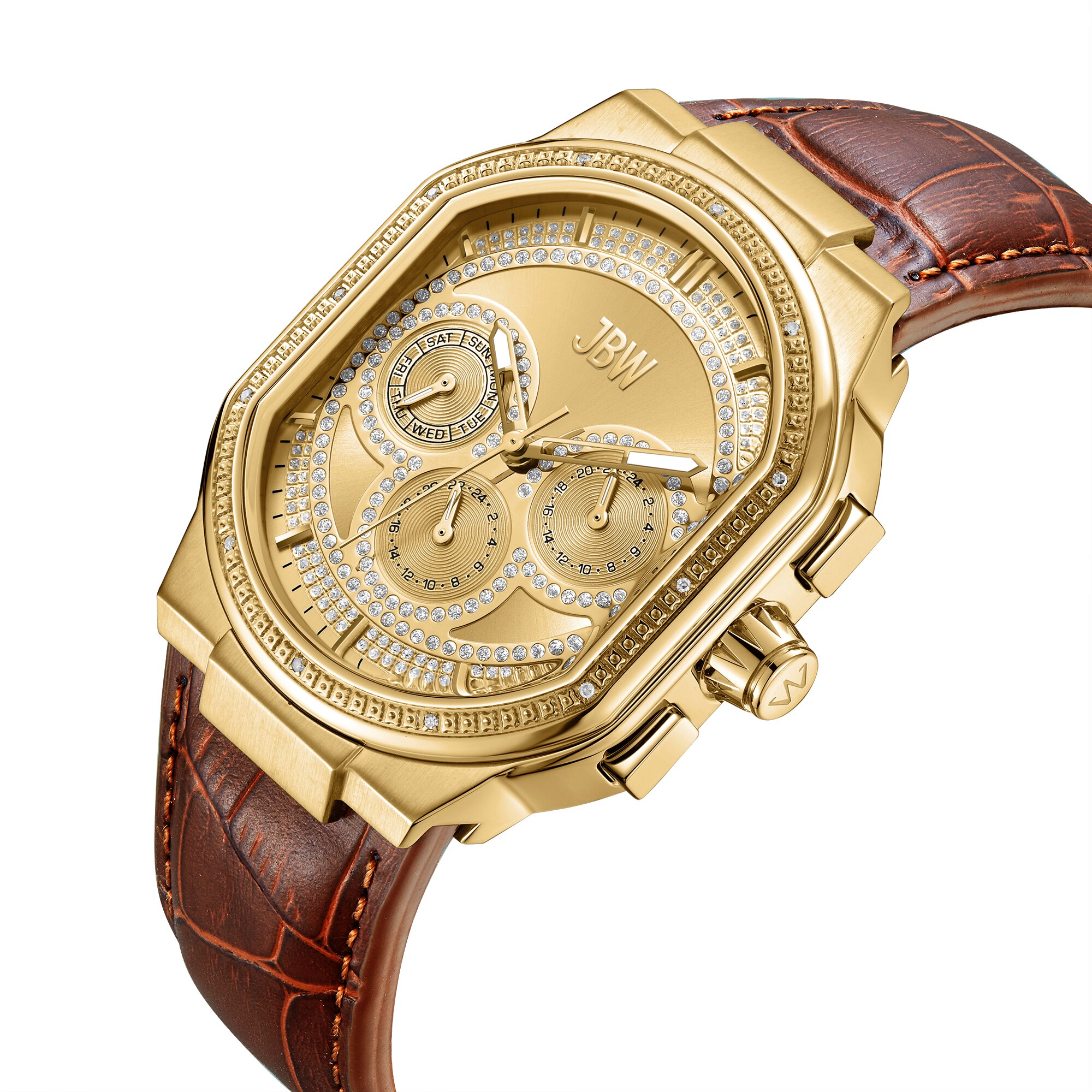 Men's JBW Orion 5/8 CT. T.W. Diamond 18K Gold Plate Brown Strap