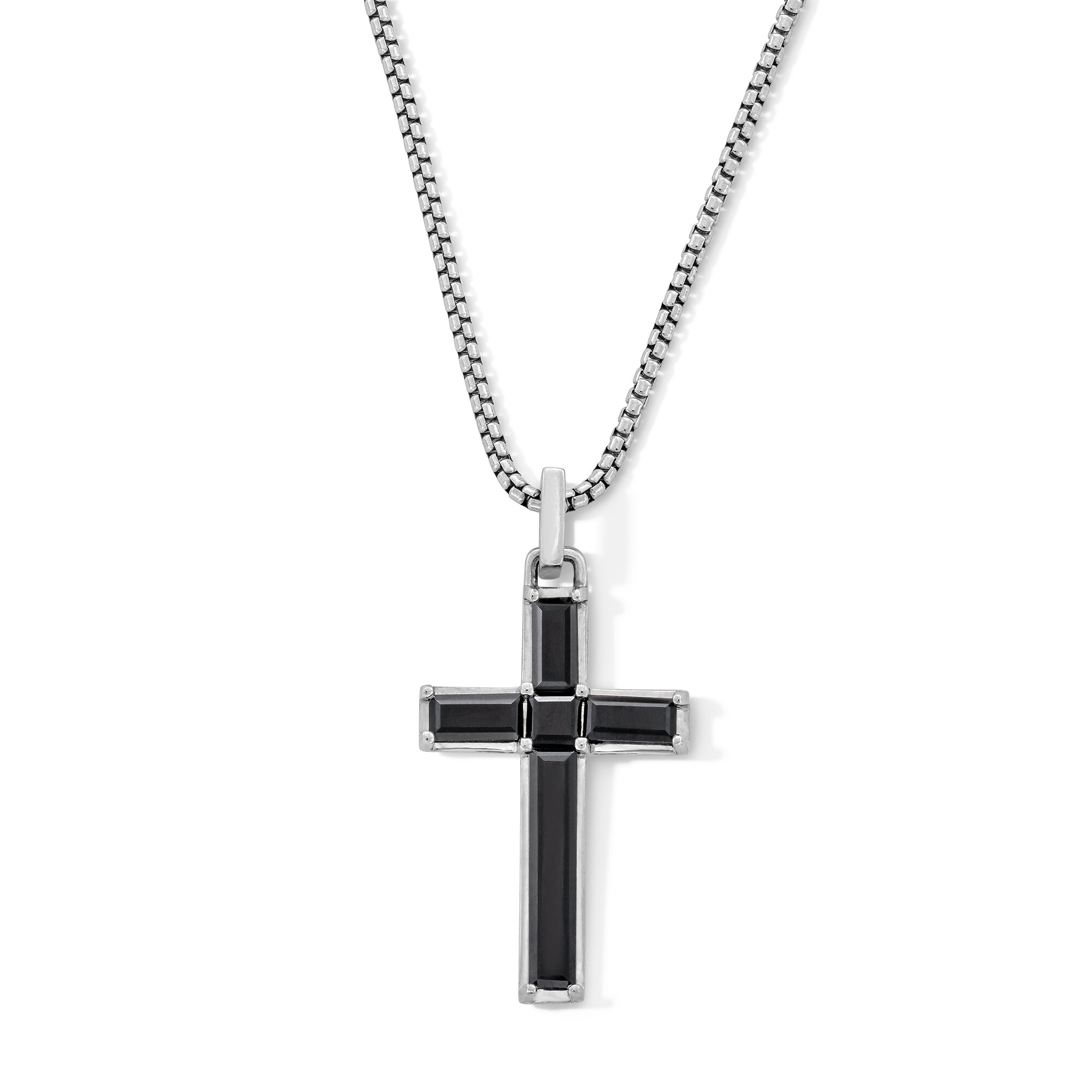 Asscher- and Baguette-Cut Black Onyx Cross Pendant in Sterling