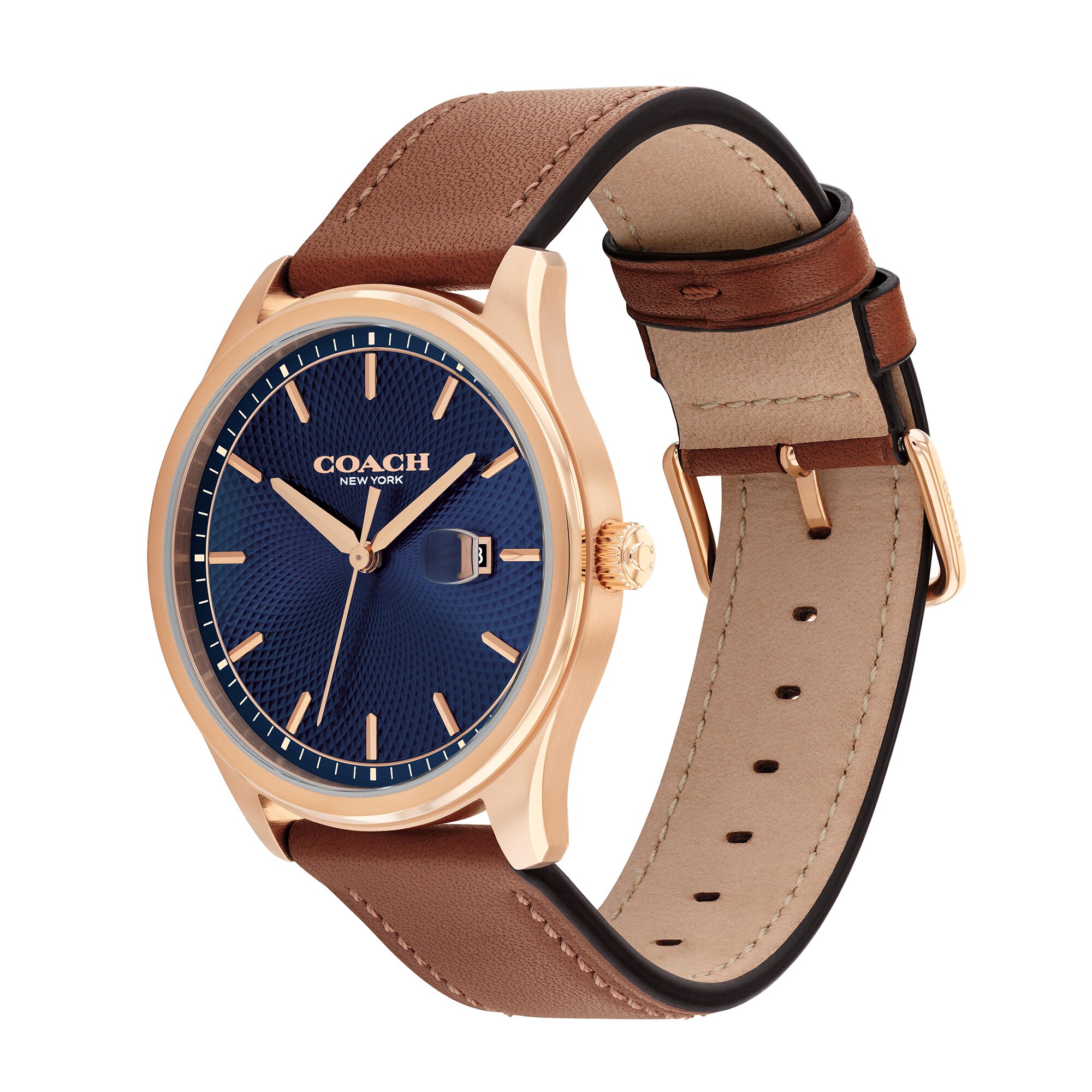 Men's Coach Oliver Rose-Tone IP Watch with Navy Textured Dial and Men's Coach Oliver Rose-Tone IP Watch with Navy Textured Dial and