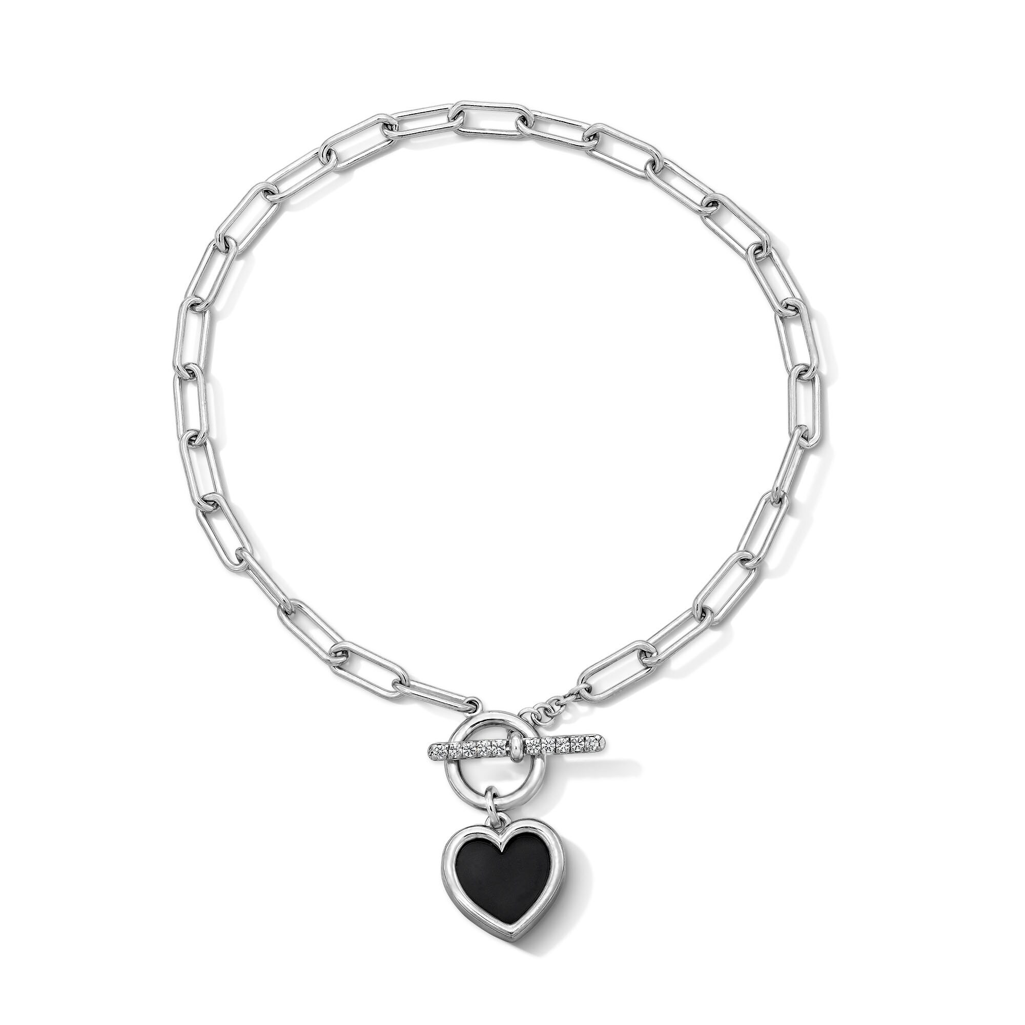 【希少】80sVintage Heart Onyx SilverBracelet Heart-Shaped Black Onyx and White Lab-Created Sapphire Paper Clip