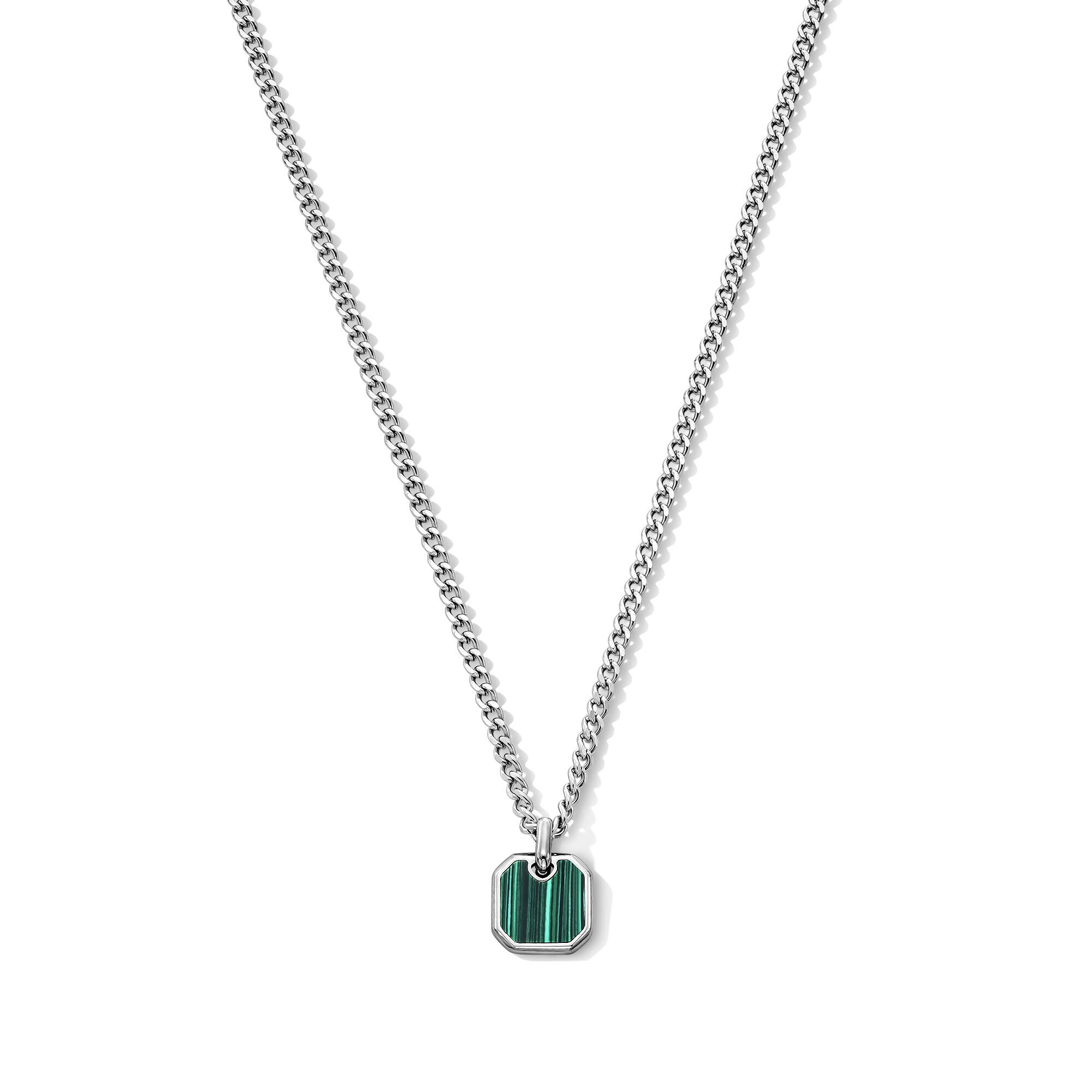 Octagon-Shaped Malachite Necklace in Stainless Steel - 24&quot