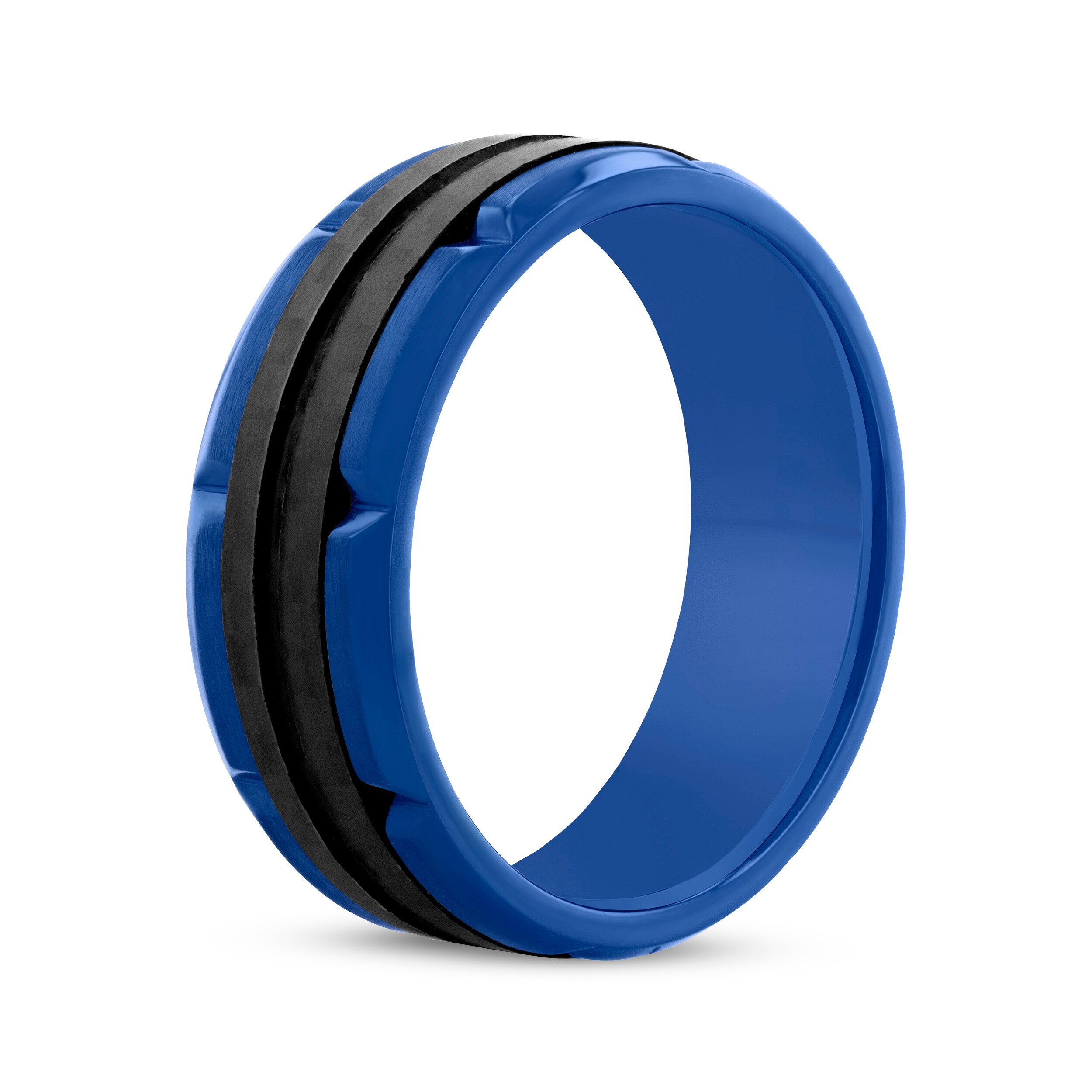 Brick-Edge Wedding Band Black & Blue Ion-Plated Stainless Steel