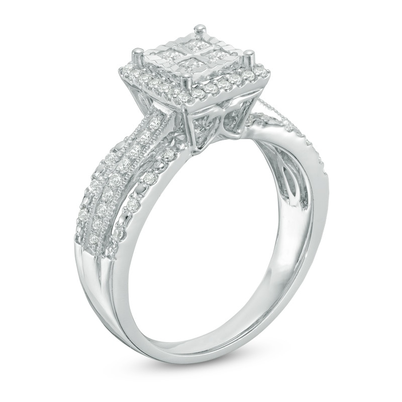 Previously Owned 1/2 Quad Princess-Cut Diamond Frame  Vintage-Style Engagement Ring in 10K White Gold