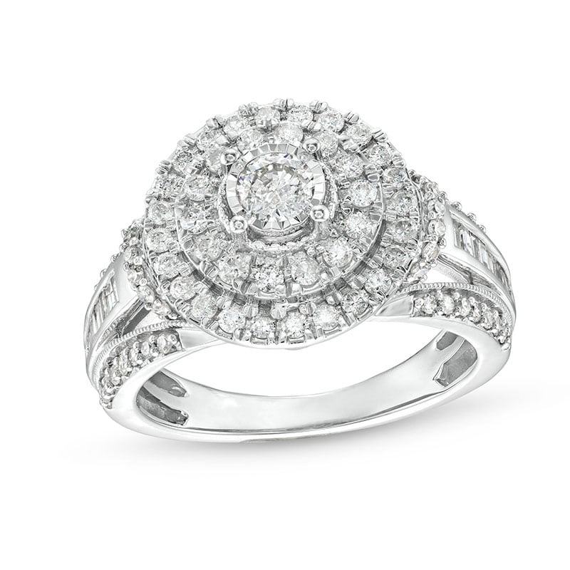 ホワイトダイアモンド Previously Owned - 1 CT. T.W. Diamond Frame Vintage-Style Ring in