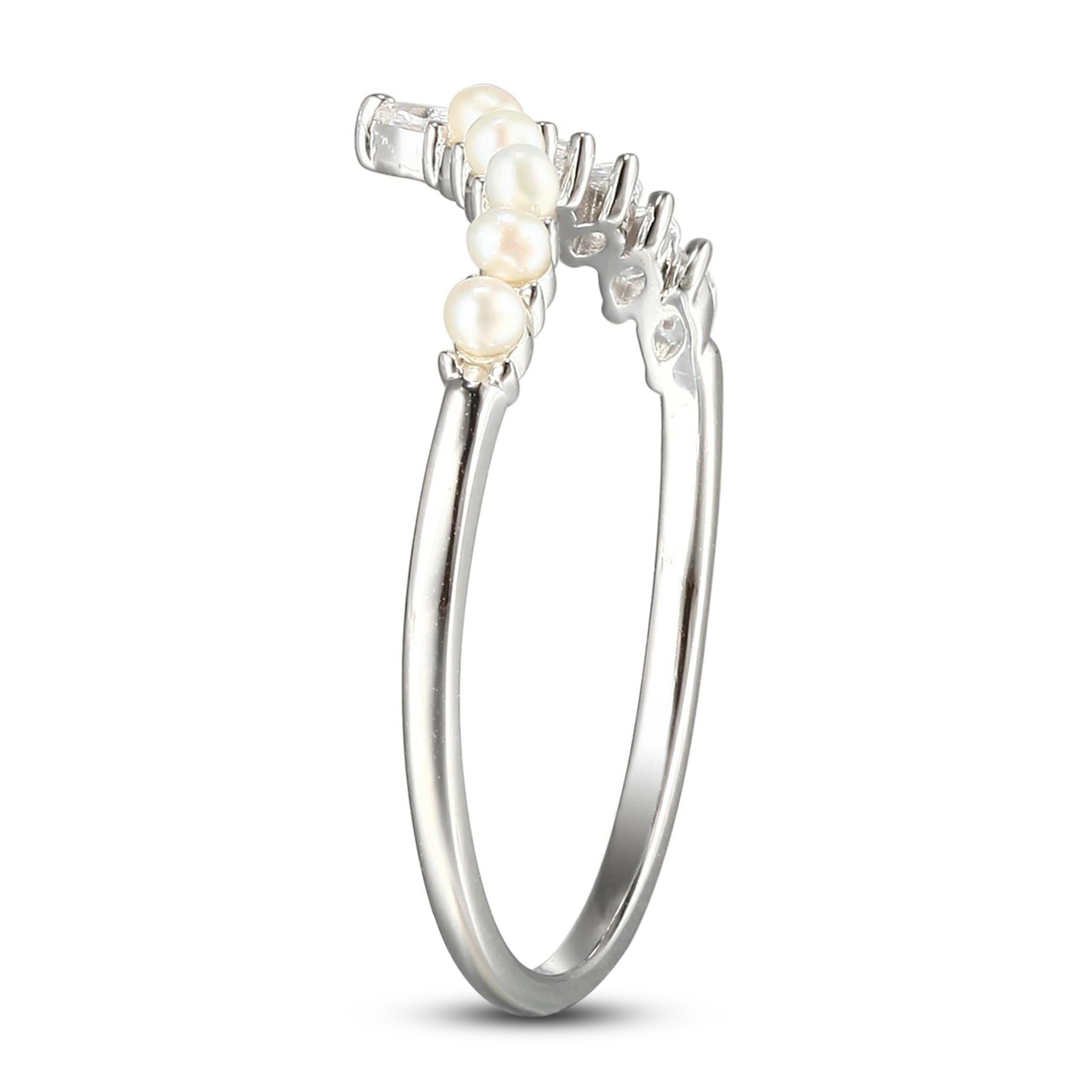 Cultured Pearl & White Lab-Created Sapphire Chevron Ring Sterling