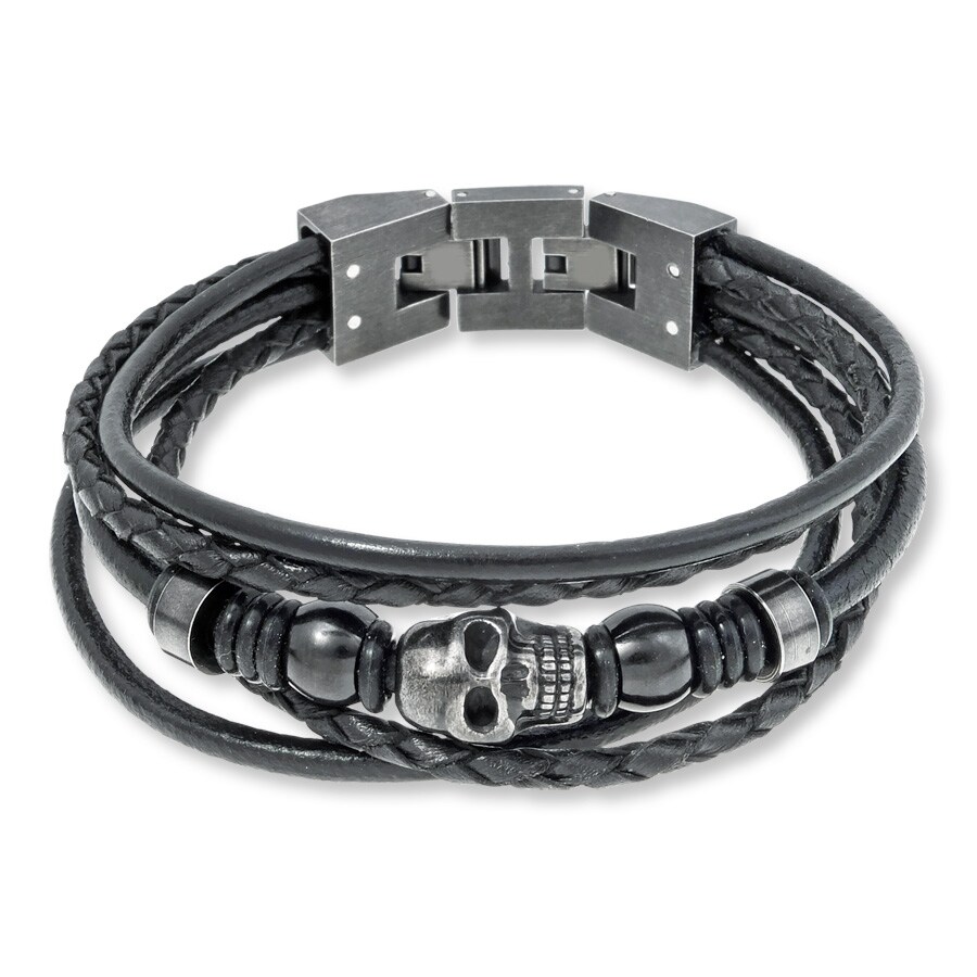DAINTY Black Skull Head Braided Leather Magnetic Bracelet - Stainless Steel, Nickel-Free (Fits 7-9 Inches)