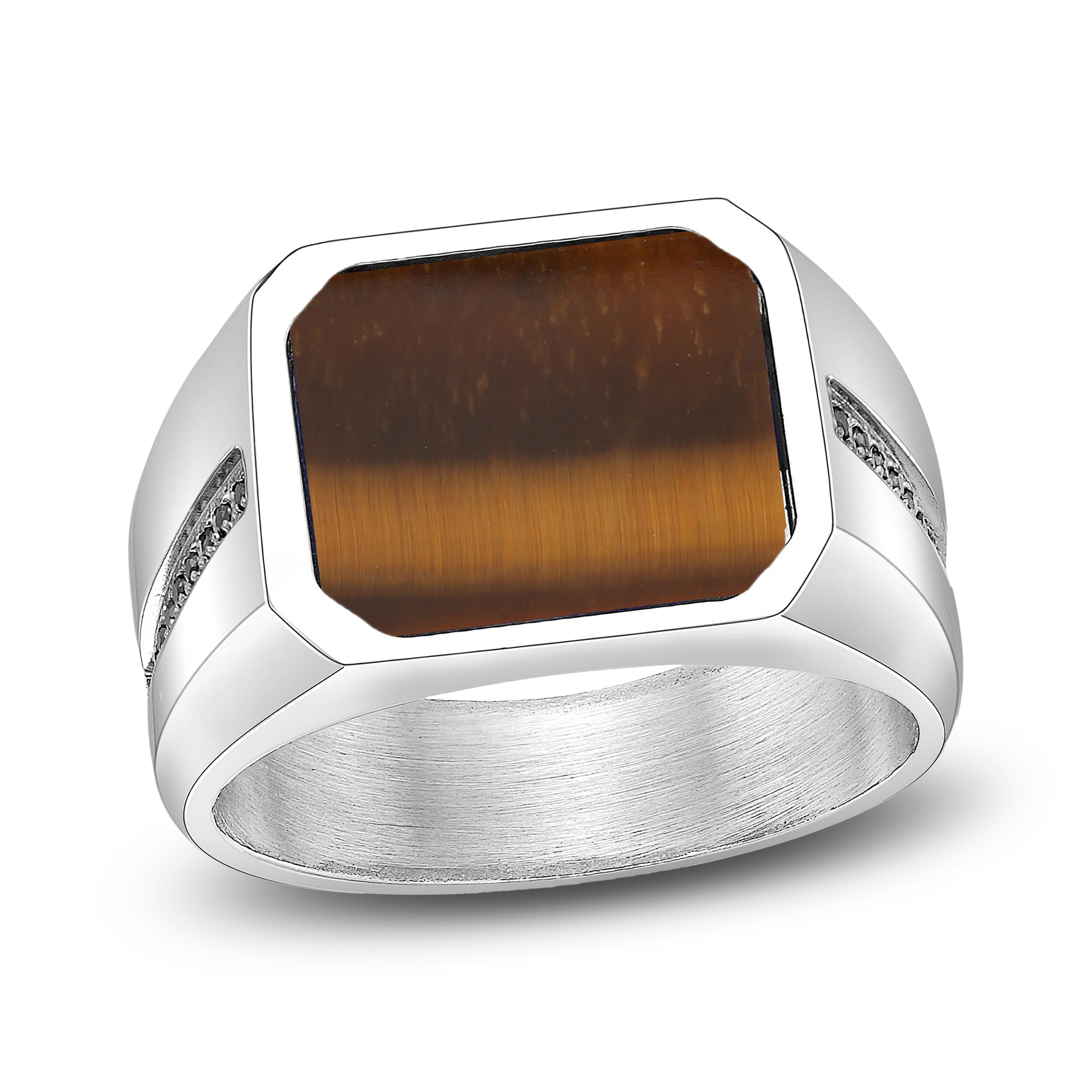 Men's Octagon-Cut Natural Tiger's Eye Quartz & Black Spinel Ring