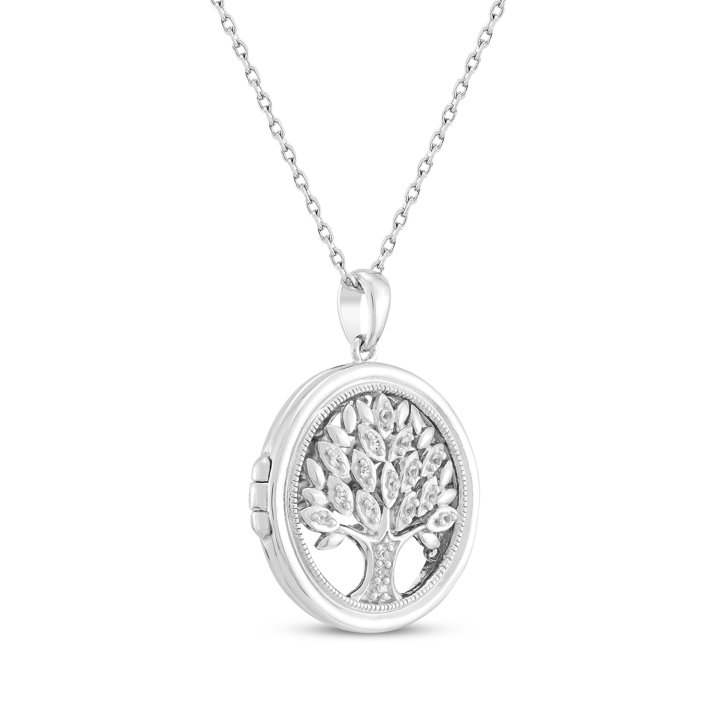 White Lab-Created Sapphire Tree of LIfe Locket Necklace Sterling