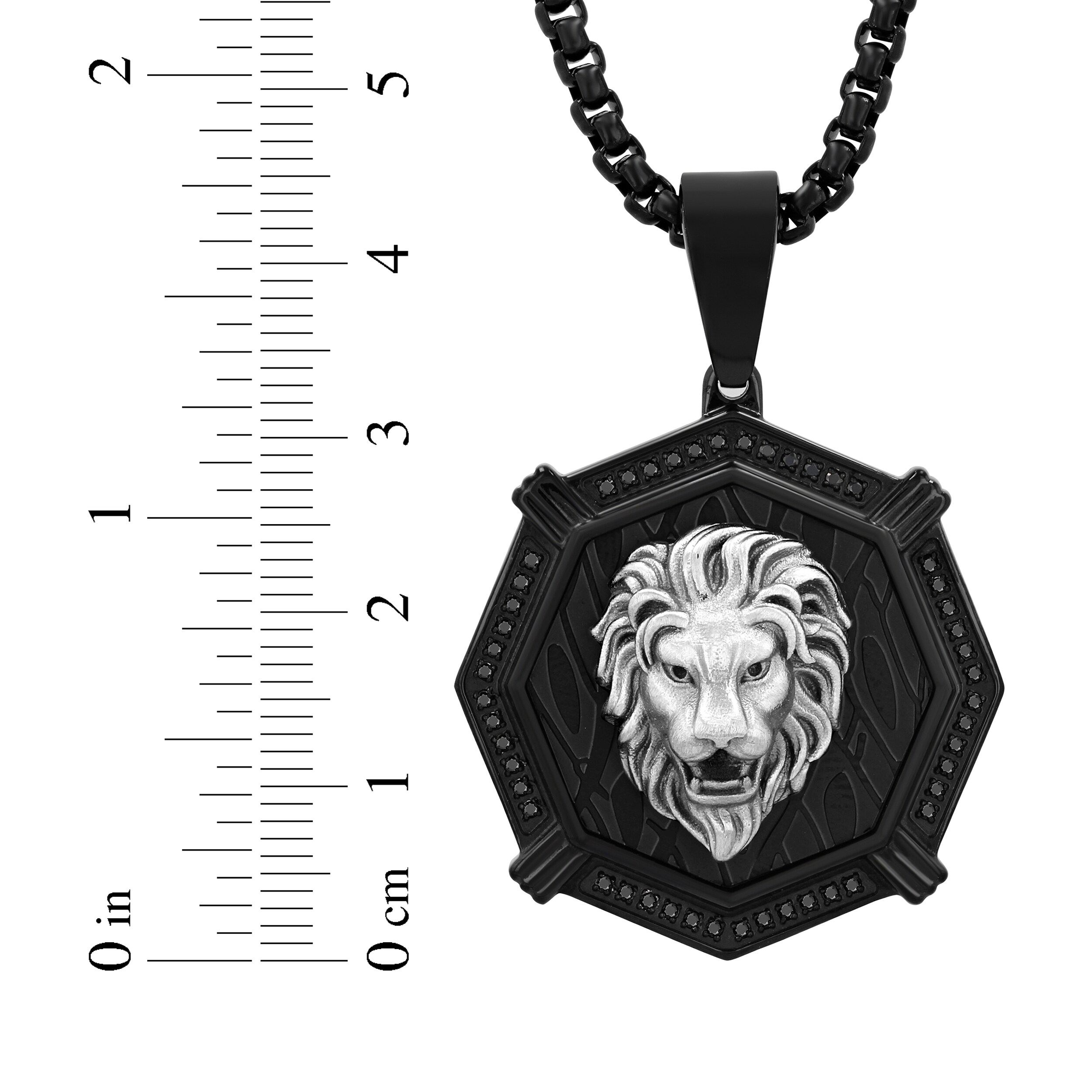 Men's Black Diamond Lion Head Octagon Necklace 1/2 ct tw Stainless