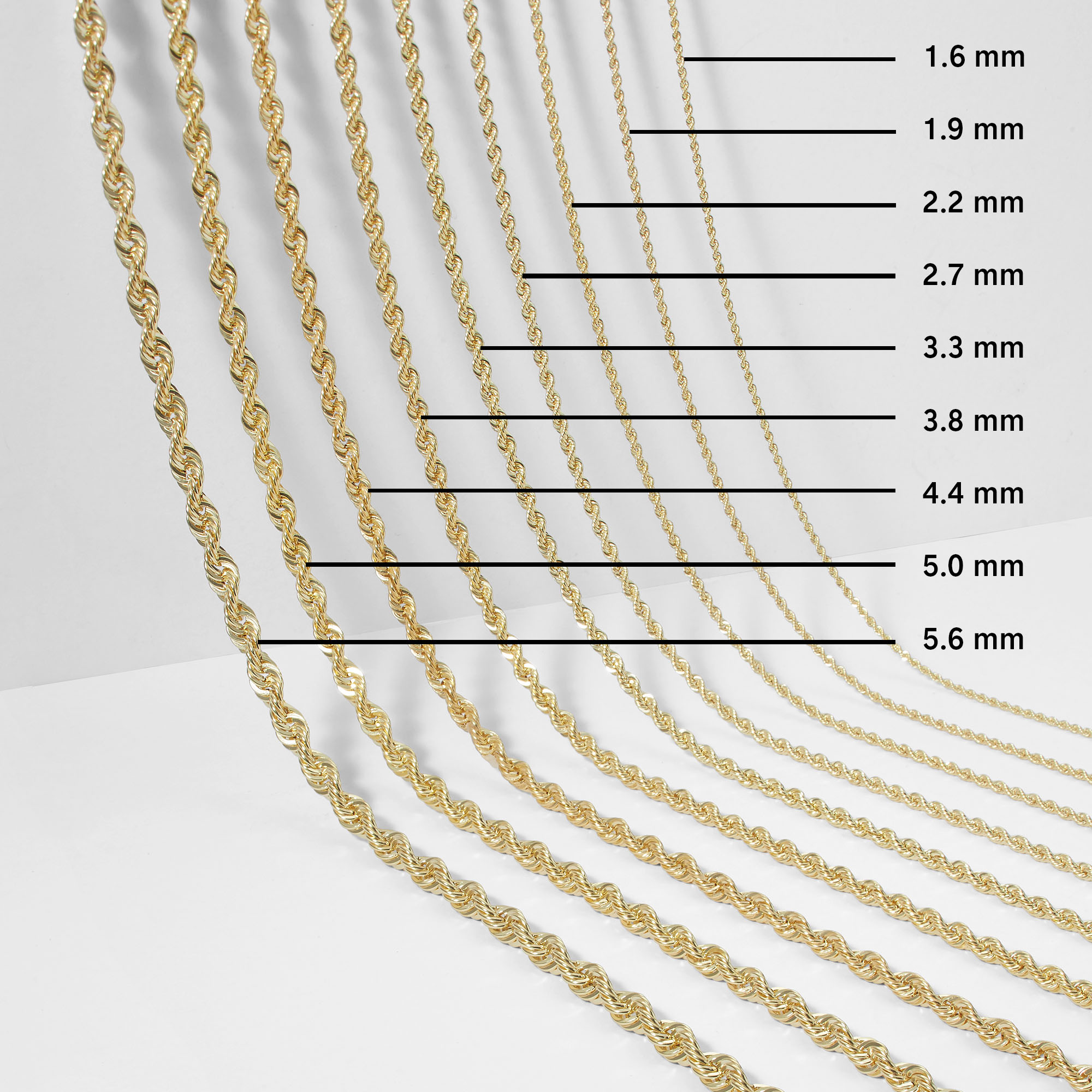 Glitter Rope Chain Necklace 2.4mm Solid 10K Yellow Gold 18