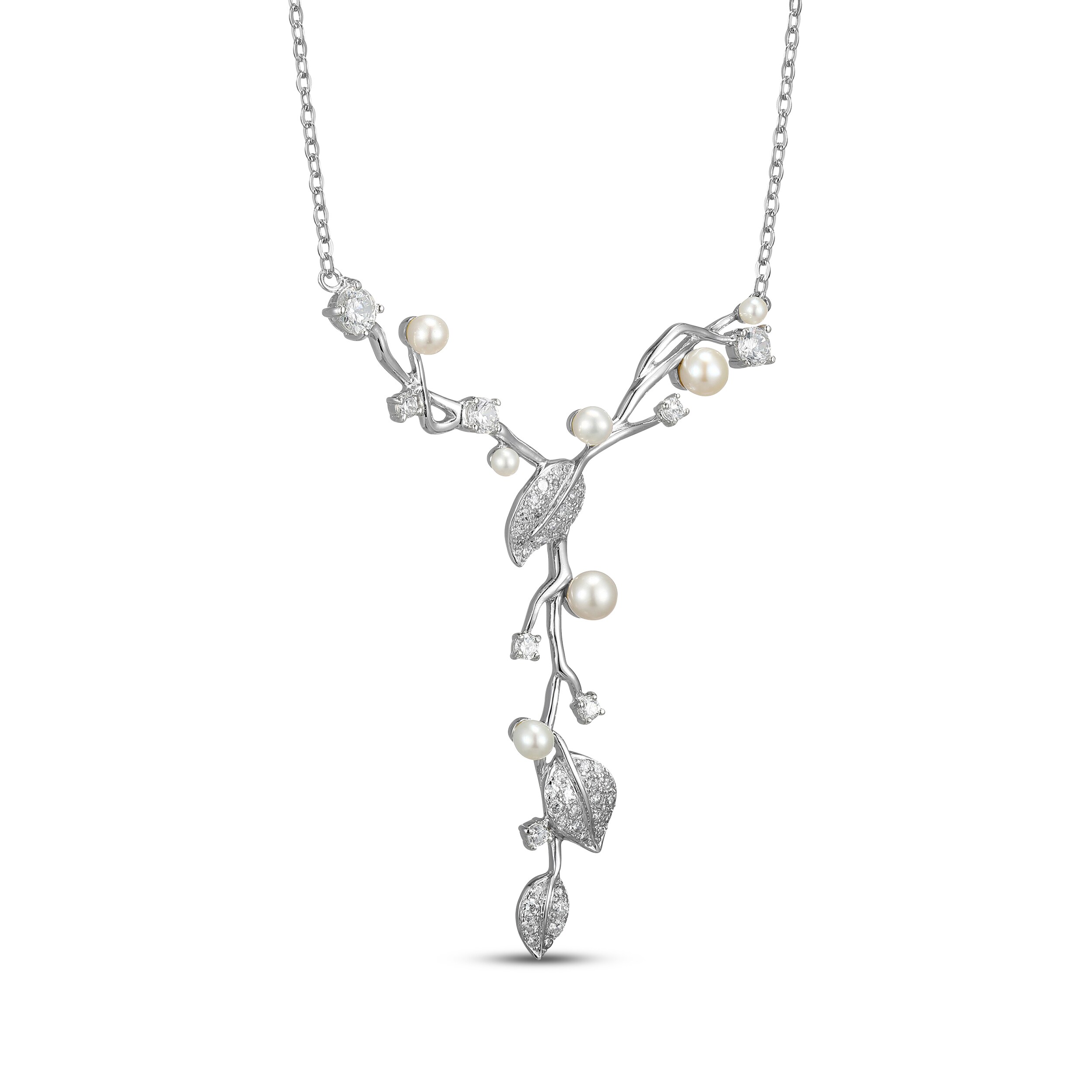 Cultured Pearl & White Lab-Created Sapphire Vine Y-Drop Necklace