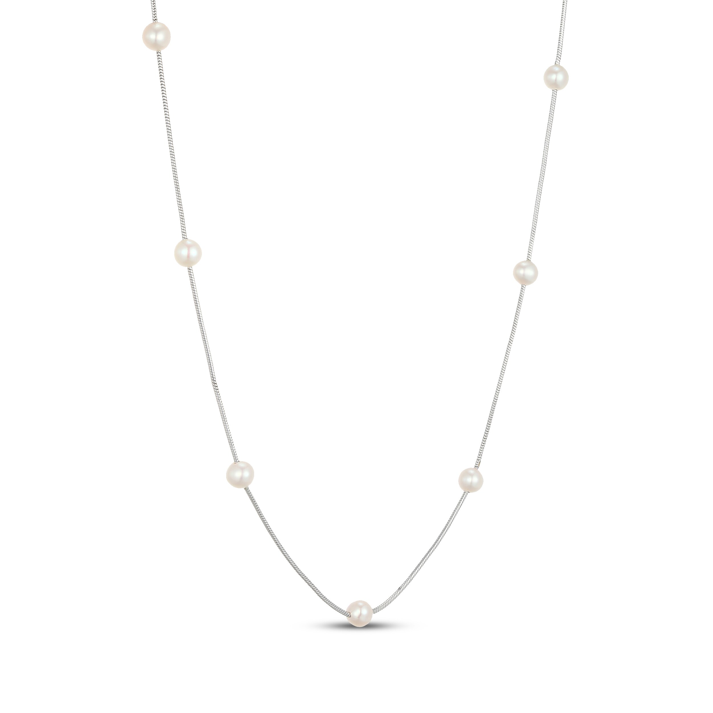 Freshwater Cultured Pearl Station Snake Chain Necklace Sterling