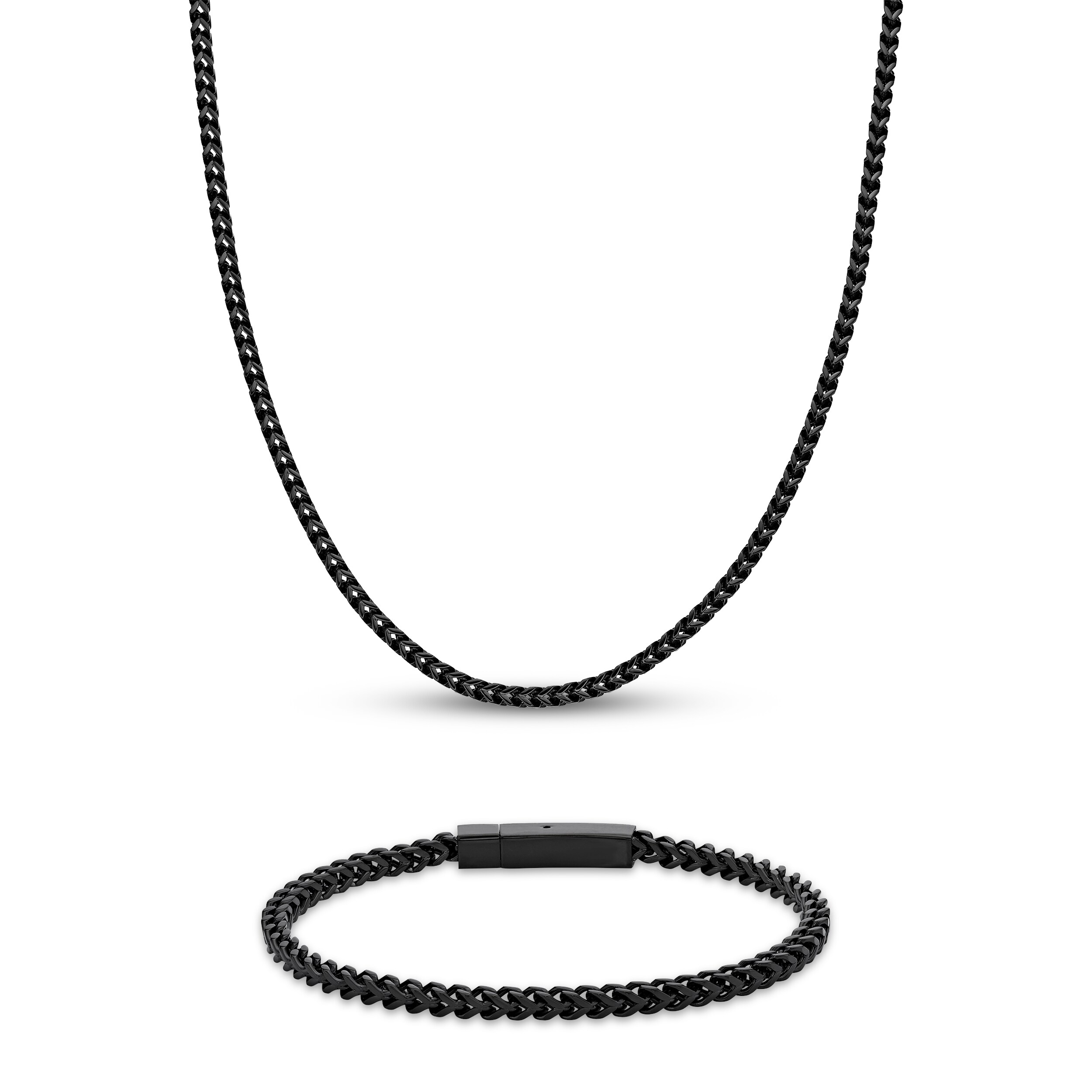 Men's Foxtail Chain Necklace & Bracelet Gift Set Black Ion-Plated